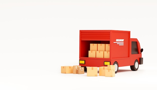 Red delivery car deliver express with cardboard boxes cartoon shipping and transportation concept on white website banner background 3d rendering