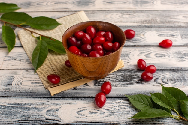 Free Photo red dogwood inside brown bowl on grey