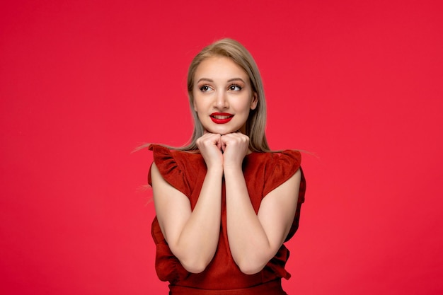 Red dress cute classy elegant girl in burgundy dress with red lipstick smiling and holding hands