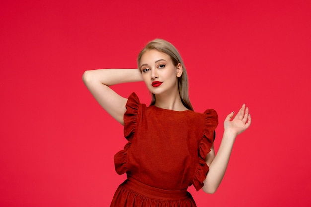 Red dress elegant classy pretty girl in burgundy dress waving hands