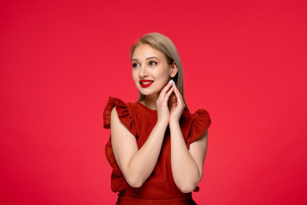 Red dress pretty cute classy elegant girl in burgundy dress with red lipstick hands together