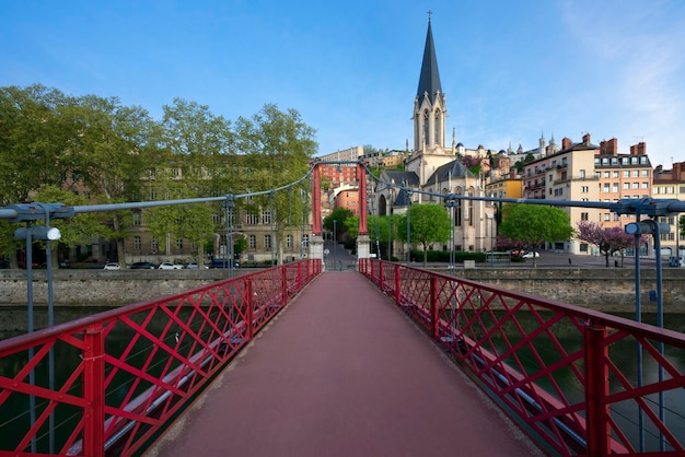 Free photo red footbridge on saone river in the morning