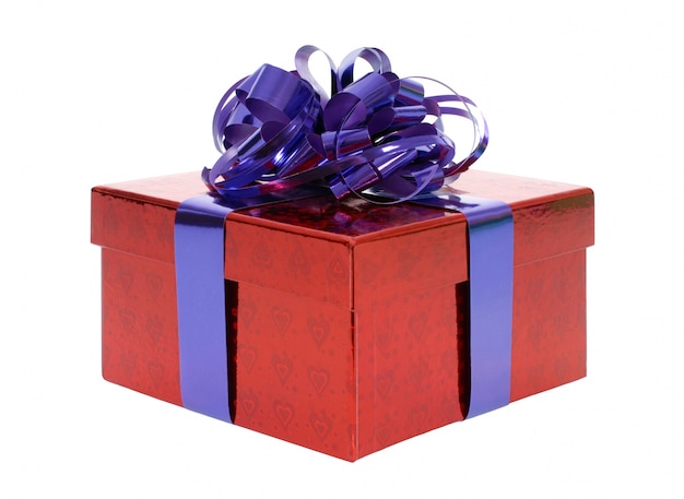 Free Photo red gift box with blue ribbon bow 