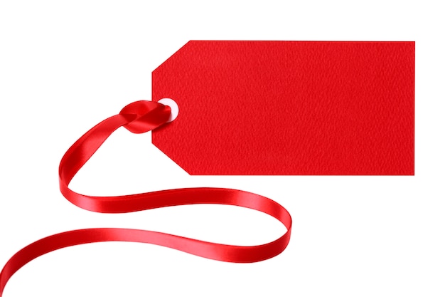 Red gift tag or price ticket with curly red ribbon