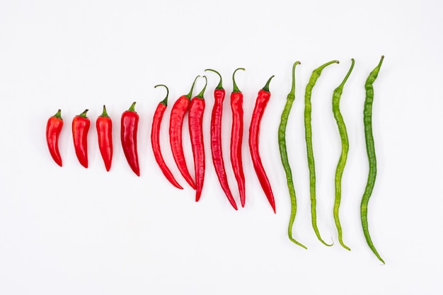 Red and green chili pepper from small to big