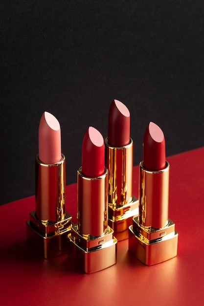 Red lipsticks arrangement high angle