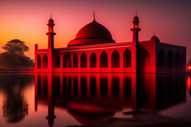 A red mosque with a reflection of the sky and the sun shining on it.