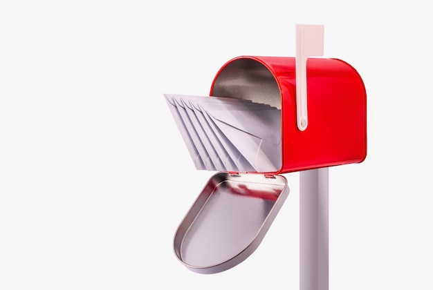 Red open mailbox with five white envelopes