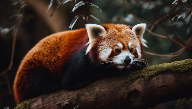 Free photo red panda sitting on branch staring ahead generated by ai