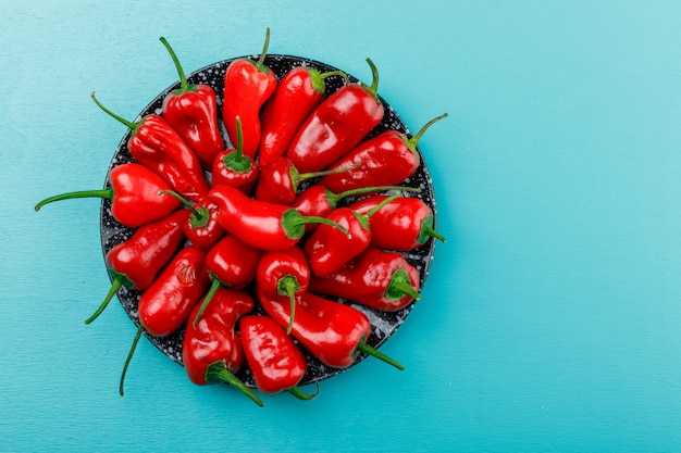 Red peppers in a ceramic dish on blue wall, flat lay.