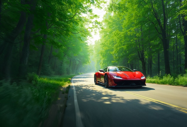 Free Photo a red sports car is driving down a road with trees