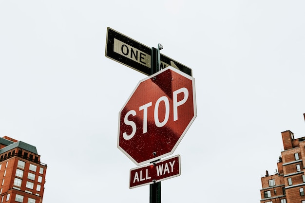 Red stop sign in downtown