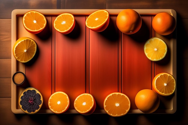 A red table with oranges and one of the oranges that is labeled as oranges