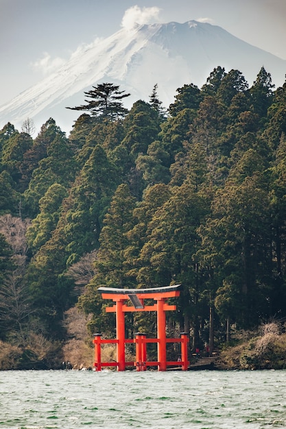 red torii in lake with Fuji mountain, Japan