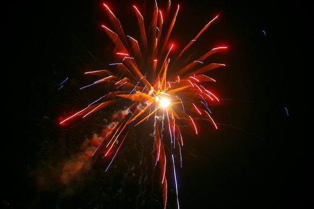 Red, yellow and blue fireworks spread around sparkling