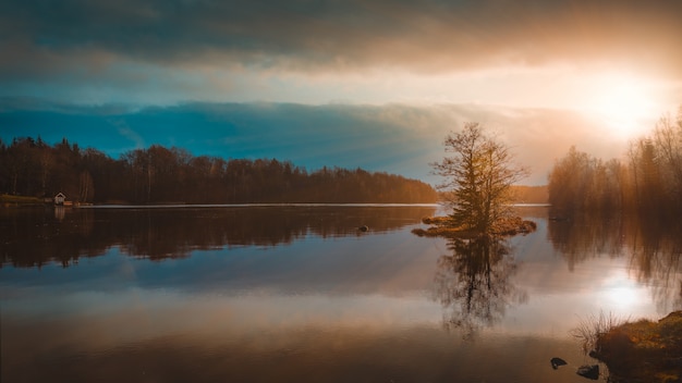 Reflection of the trees in a lake under the amazing colorful sky captured in Sweden