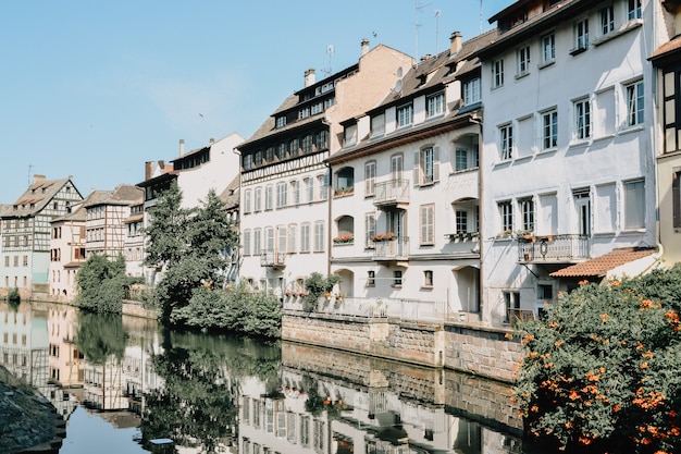 Reflection of white houses with brown roofs surrounded by green plants in the water