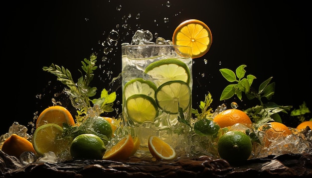 Free Photo refreshing citrus cocktail with ice lemon slice and mint leaf generated by artificial intelligence