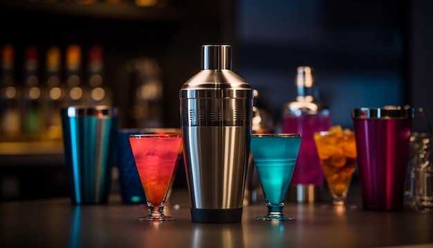 Free photo refreshing cocktails poured at the bar counter in a vibrant nightclub generated by artificial intelligence