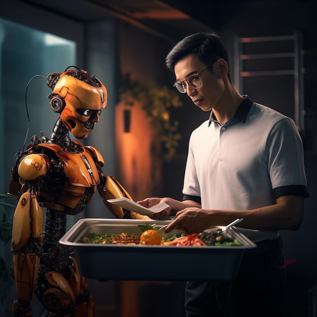 Free photo regular human job performed by anthropomorphic futuristic robot