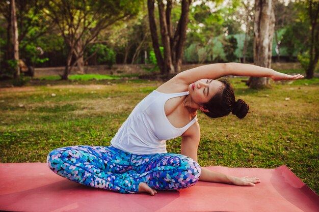 Relaxed stretching at yoga session