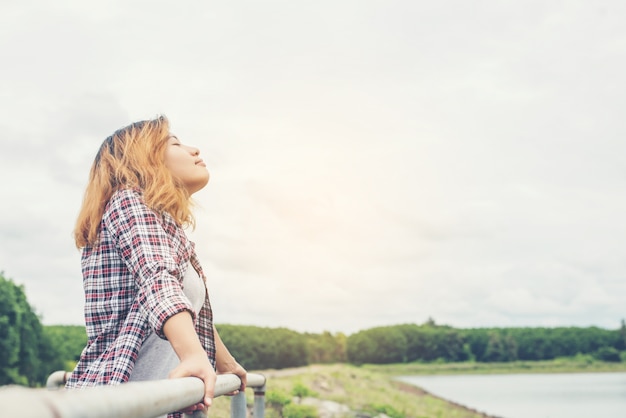 Relaxed woman breathing deeply