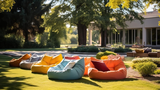 Free Photo relaxing bean bags laid out on shady grass for a contemporary outdoor event