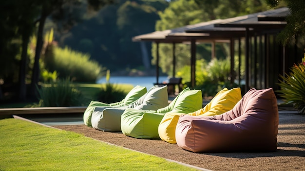 Free photo relaxing bean bags laid out on shady grass for a contemporary outdoor event