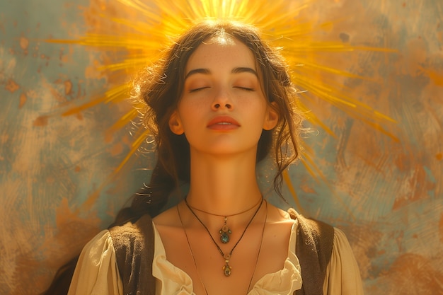 Free photo renaissance portrait of woman as sun goddess