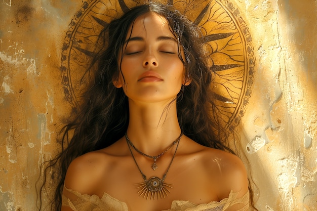 Free Photo renaissance portrait of woman as sun goddess