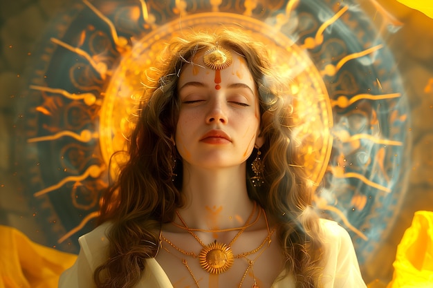 Free photo renaissance portrait of woman as sun goddess