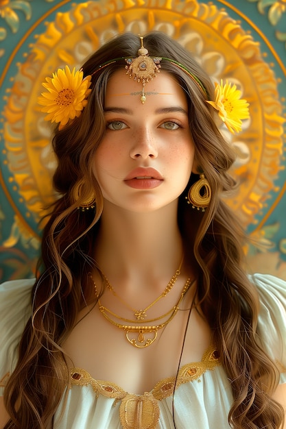 Free photo renaissance portrait of woman as sun goddess