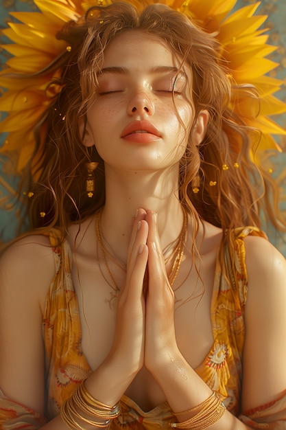 Free photo renaissance portrait of woman as sun goddess