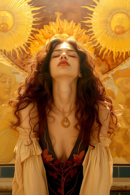 Free photo renaissance portrait of woman as sun goddess