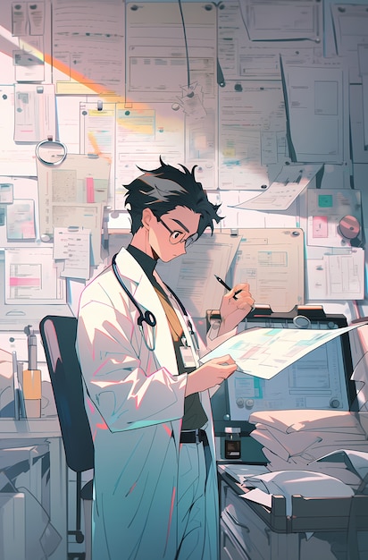 Rendering of anime doctor at job