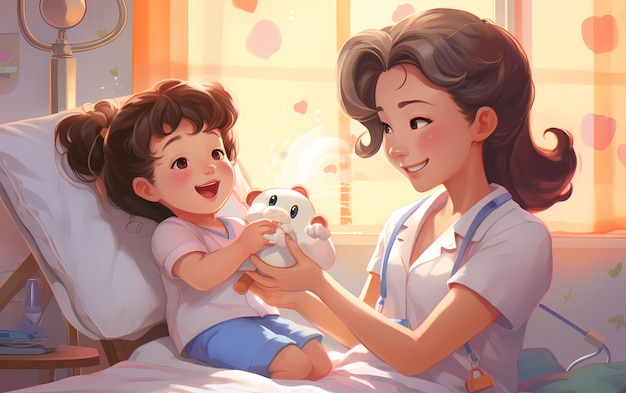 Free photo rendering of anime doctor taking care of baby