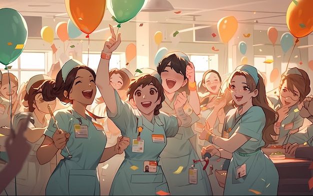 Rendering of anime doctors having party