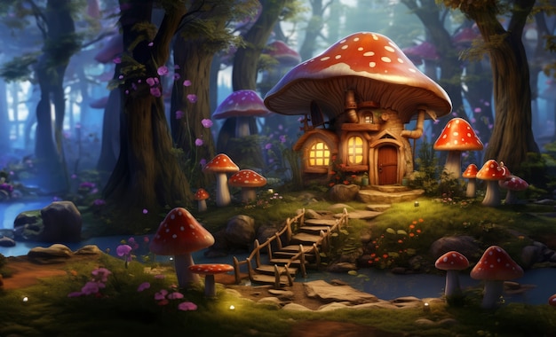 Rendering of cartoon fantasy mushroom forest