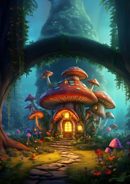 Rendering of cartoon fantasy mushroom forest