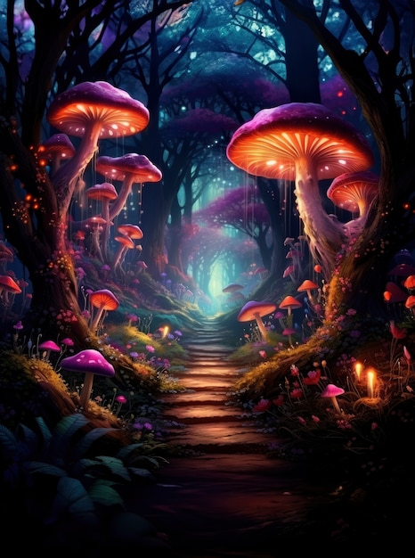 Rendering of cartoon fantasy mushroom forest