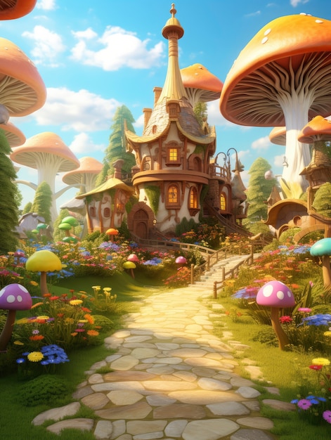 Rendering of cartoon fantasy scene illustration