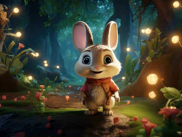 Free photo rendering of cartoon fantasy scene with rabbit