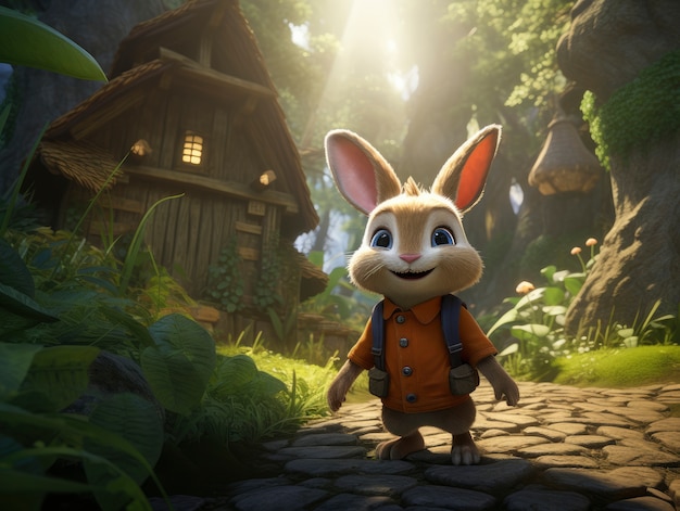 Free photo rendering of cartoon fantasy scene with rabbit