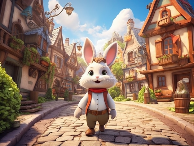 Rendering of cartoon fantasy scene with rabbit