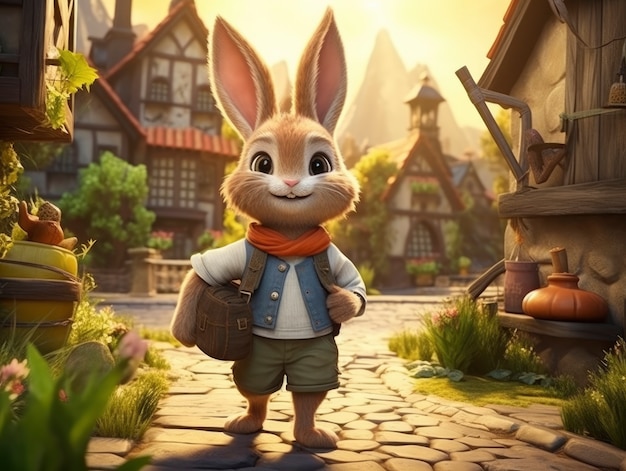 Free photo rendering of cartoon fantasy scene with rabbit