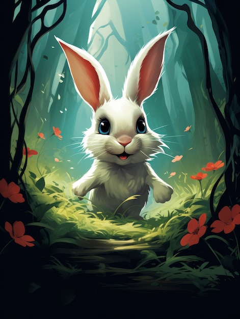 Free photo rendering of cartoon fantasy scene with rabbit