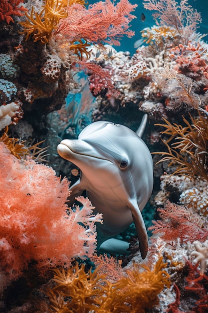 Rendering of dolphin among coral reef