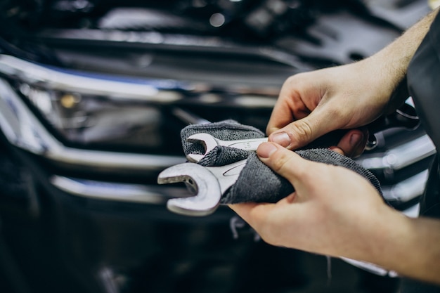 Repair man making car service