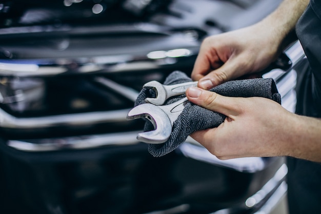 Repair man making car service