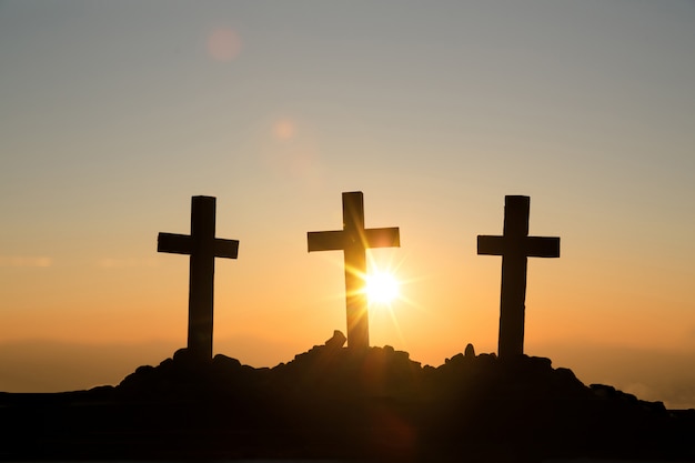 Resurrection concept: Crucifixion Of Jesus Christ Cross At Sunset